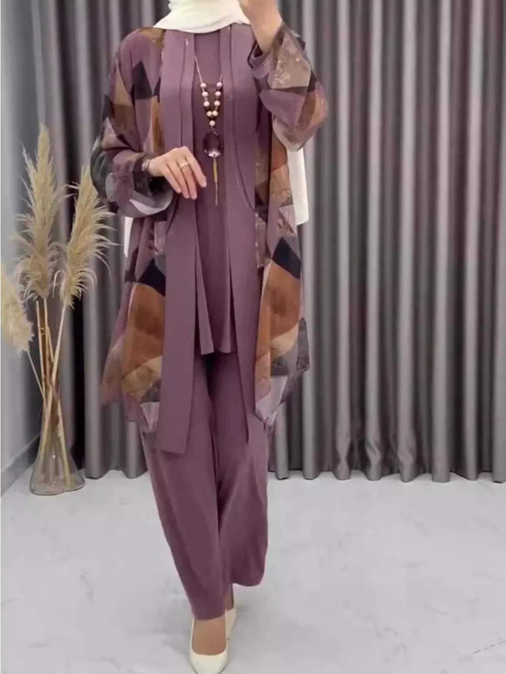 Eid ผู้หญิง Abaya 3 ชิ้นชุดกางเกงมุสลิมชุด Caftan Robe Jalabiya Ramadan โมร็อกโกดูไบ 2025 Musulman Ensembles