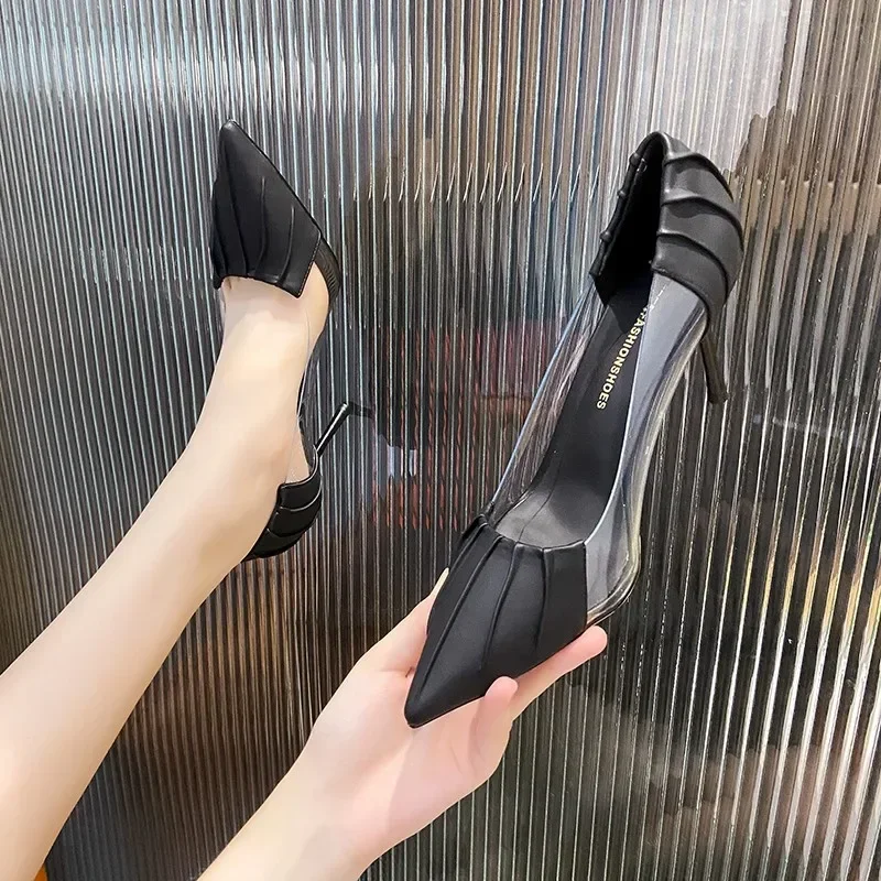 New Luxury Women's Spring and Summer Baotou Transparent Stiletto High Heels Pumps Rhinestone Pointed Single Shoes All-match