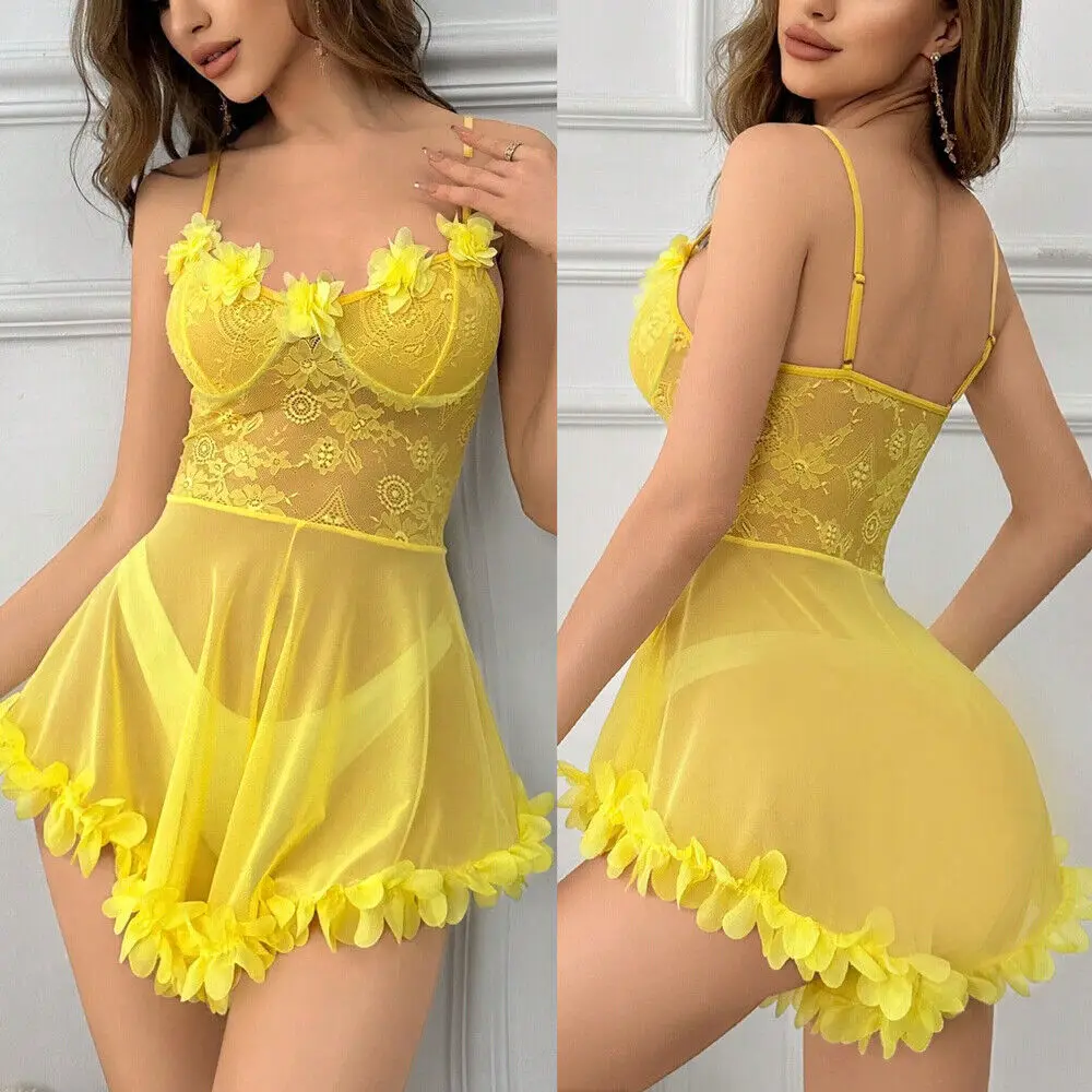 

Floral Lace Babydoll Nightwear Sets for Women Sexy Lingerie Adjustable Spaghetti Straps Mini Sheer Dress Mesh Chemise Underwear
