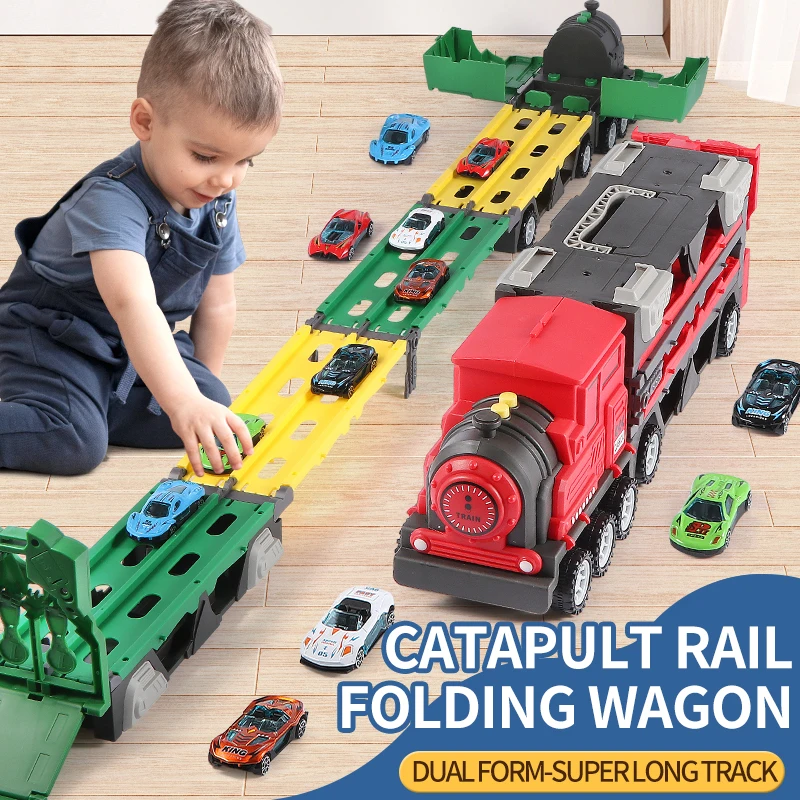 Ejection Rail Car Deformation Folding Storage Container Car Children\'s Pull Back Toy Car Alloy Car Train Toy Christmas Halloween