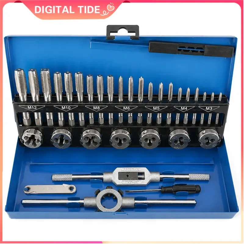 32pcs Metric Tap and Die Set Hand Threading Tool Kit Screw Thread Repair Tungsten Carbide Bits Wrench for DIY Hardware