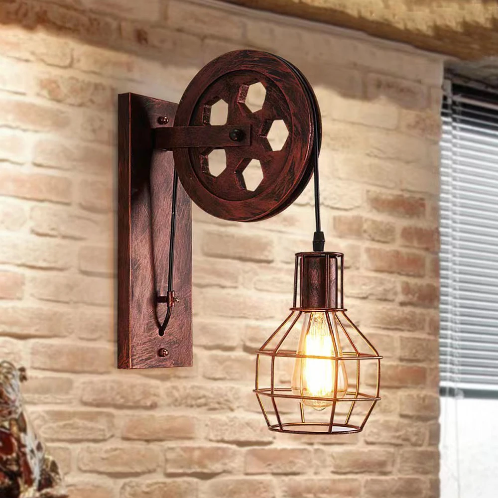 Retro Vintage Wall Light Shade Ceiling Lifting Pulley Industrial Wall Lamp Fixture Iron Loft Cafe Bar Adjustable Sconce Light