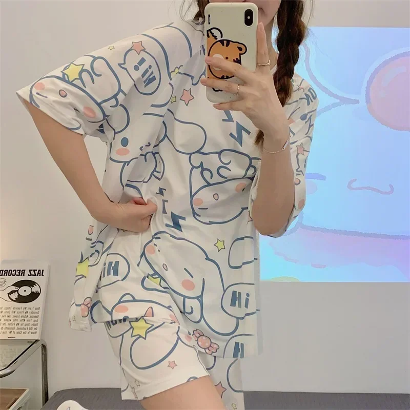 Miniso Sanrio Anime Cinnamoroll Kuromi Pajamas Summer Simple Fashion Delicate Cute Casual Loose Comfortable Soft Girly Set Gift