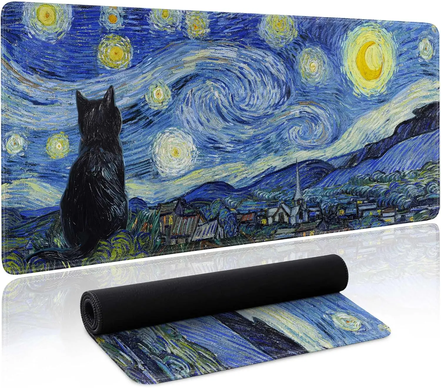 Van Gogh Starry Night Cat Desk Mat, Oil Painting Art Large Gaming Mouse Pad, Non-Slip Keyboard Pad for Home Office Decor