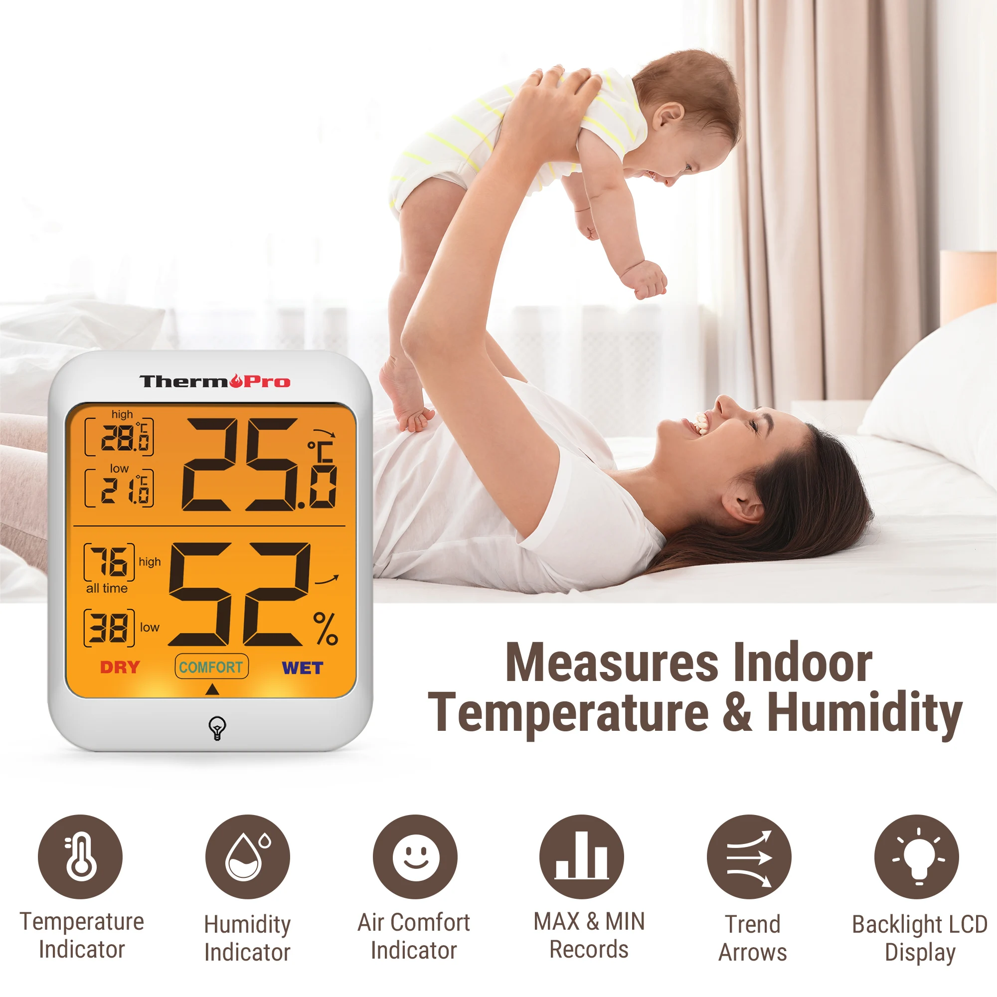 ThermoPro-termómetro Digital TP53 para interiores, higrómetro, Sensor de temperatura y humedad, retroiluminación, estación meteorológica para el hogar