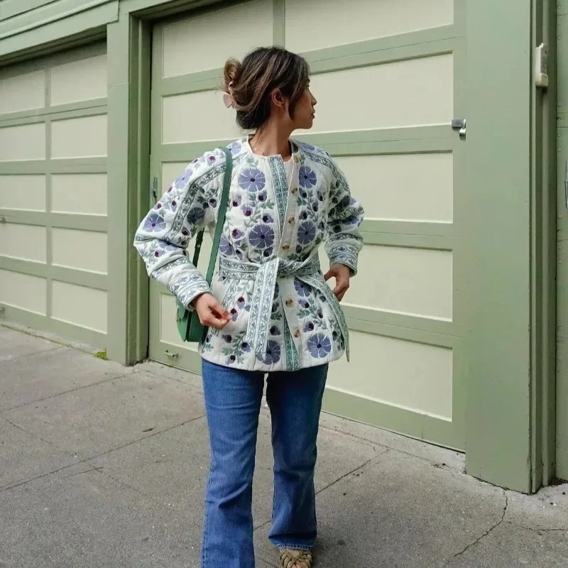 

Blue Floral Lace Up Cotton Coat Printed Casual Round Neck Single Breasted Woman Jacket Waist Cinching Slimming Lady Outwear