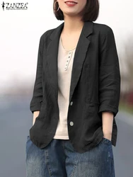 Zanzea Frauen solide ol Blazer passt elegante Herbst Revers Hals Langarm Baumwolle Jacken lässige Outwear lose Vintage Arbeits mäntel