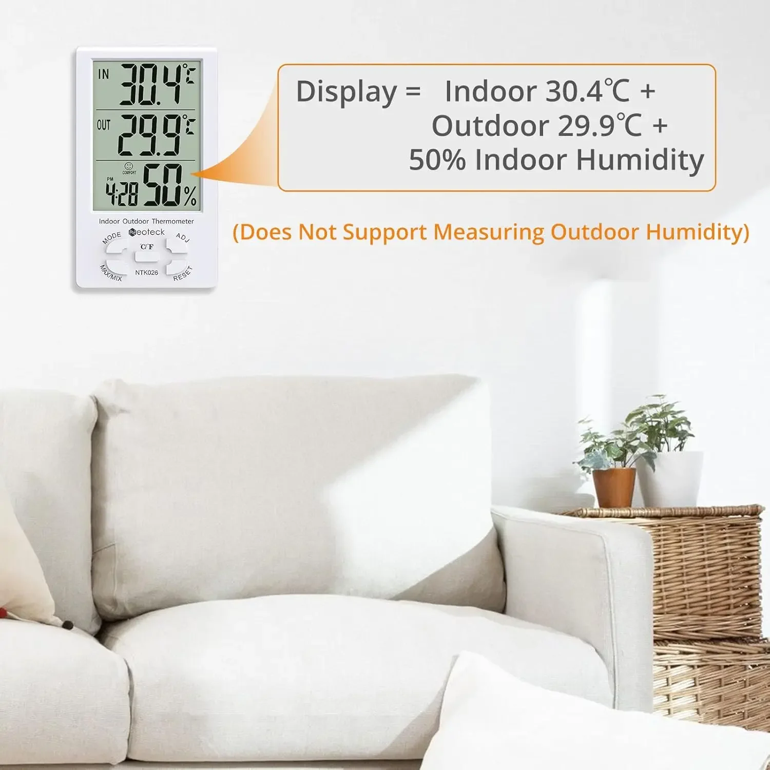 2 in 1 Digital Hygrometer with LCD Display Time Display Humidity Thermometer Temperature Meter Sensor Wire for Indoor Outdoor
