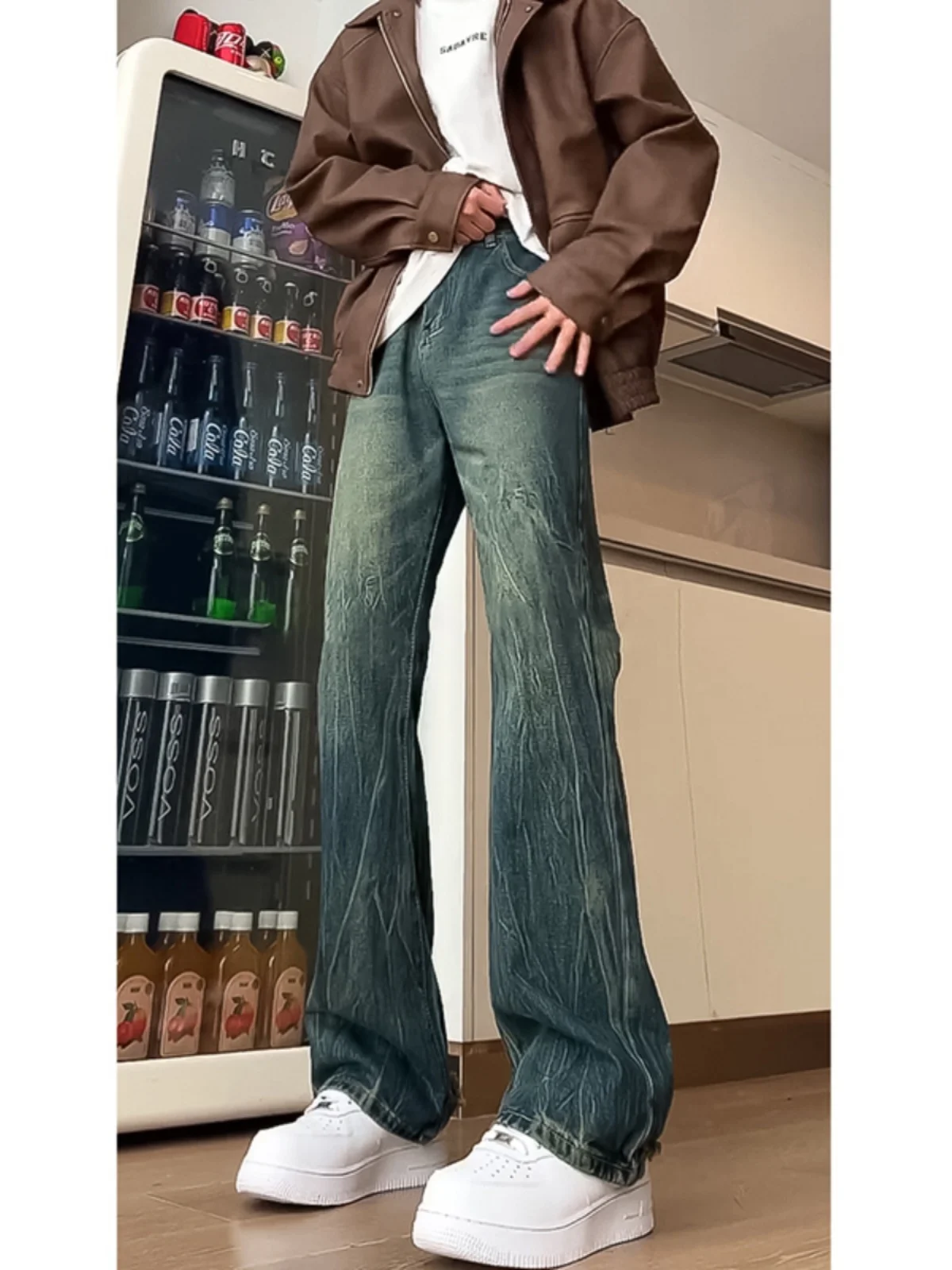 

Мужские джинсы Nostalgic Blue Bamboo Node Pattern, весна-осень, стильные, уличный стиль, для подростков, микро-клеш, американские прямые штанины