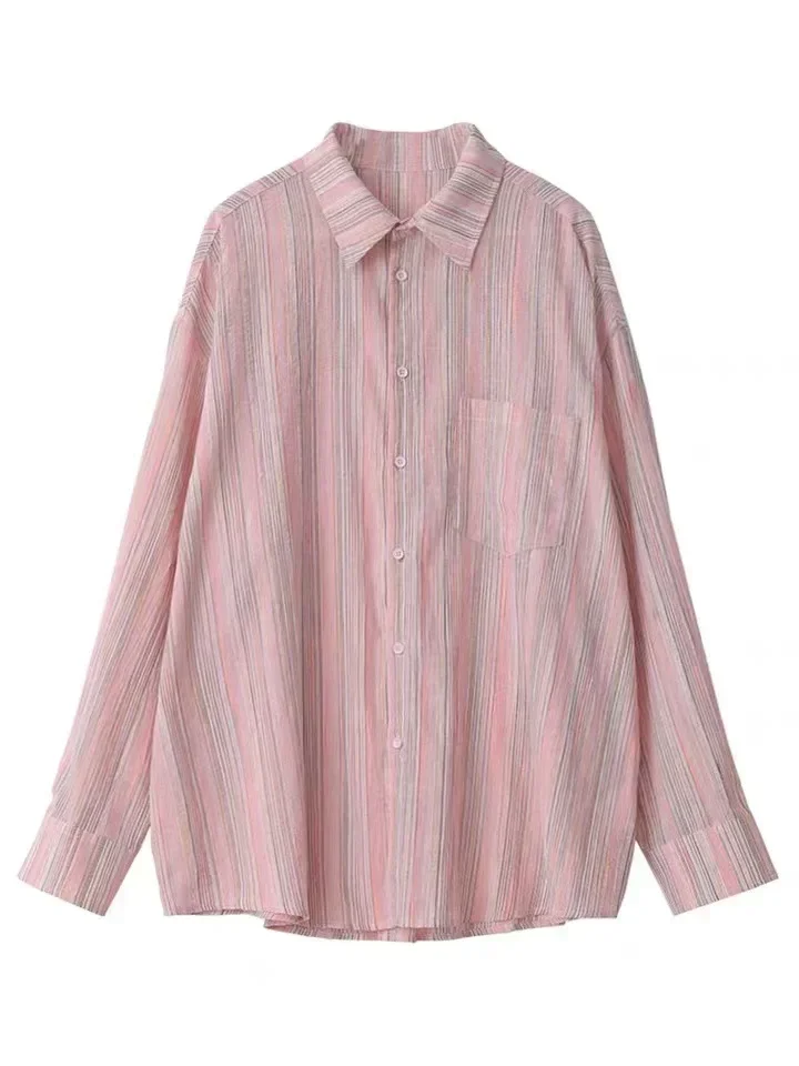 Fashion Women Shirt Loose Striped Pink Linen Blouses for Woman Long Sleeve Female Top Sunscreen Coat New 2025 Summer