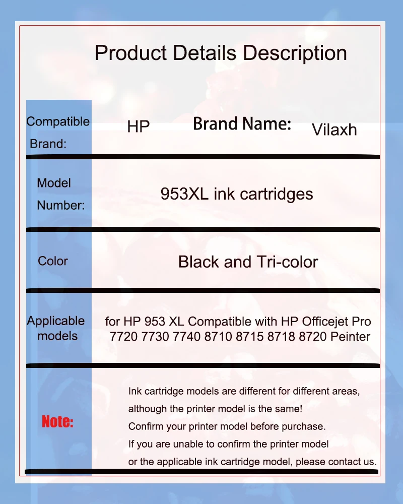 Vilaxh HP 953 953XL Ink Cartridge for HP 7720 7730 7740 8210 8218 8710 8715 8718 8719 8720 8725 8728 8730 8740 Printer HP953