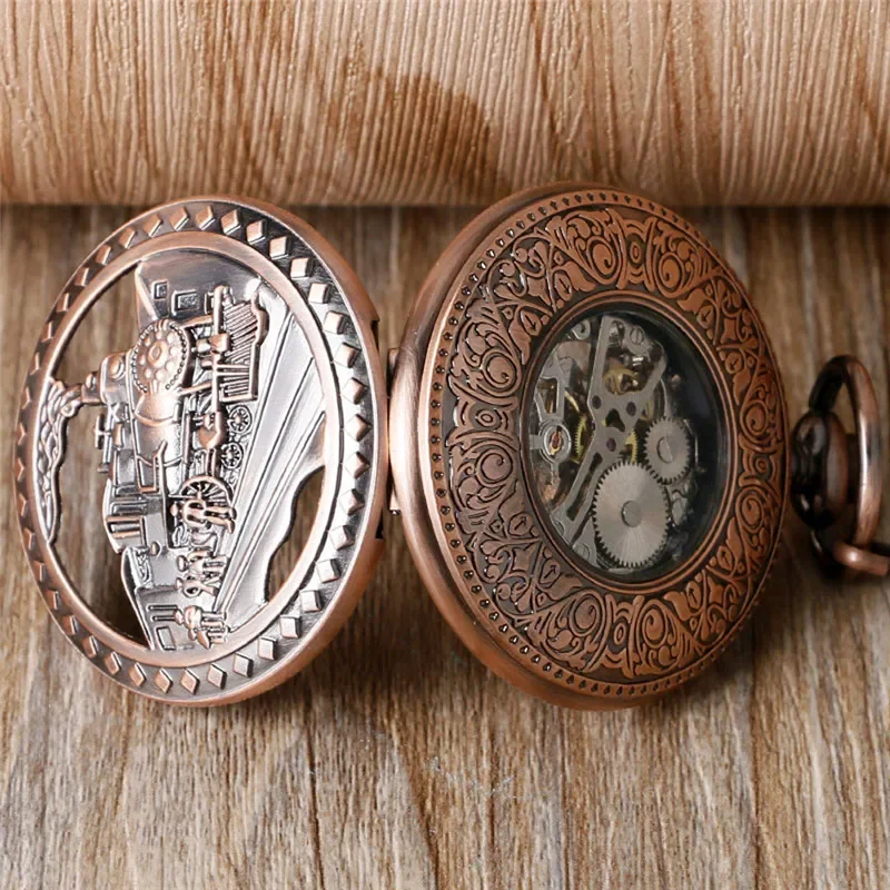 Old Fashion Men Women Mechanical Handwinding Pocket Watch Locomotive Hollow Train Skeleton Clock Pendant FOB Chain Reloj Gift