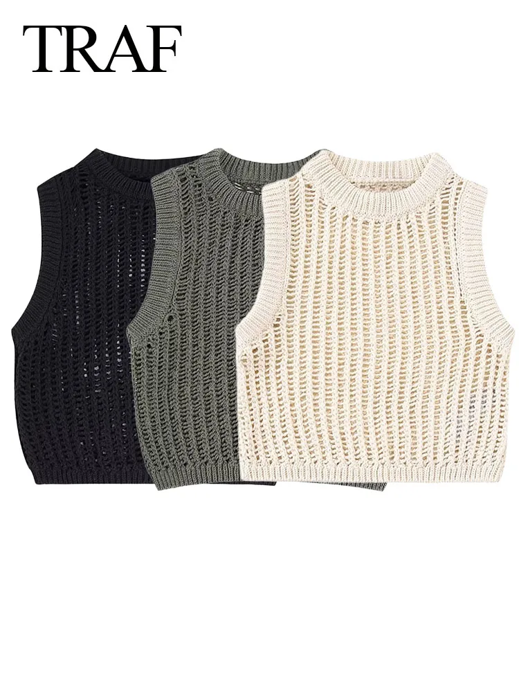 TRAF 2023 New Women\'s Fashion Slim Knitted Crop Tops Solid Color O-Neck Hollow Out Sleeveless Female High Street Style Tank Tops