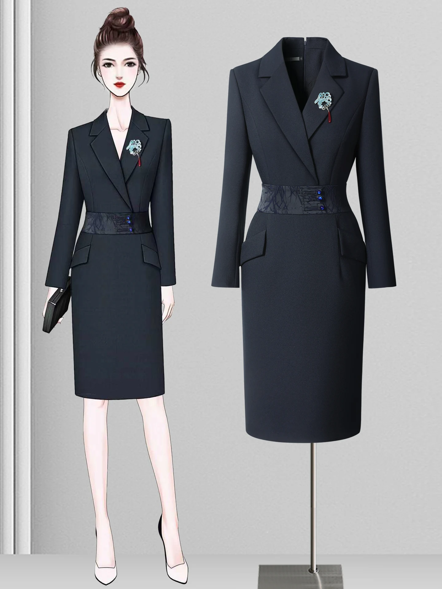 

New Chinese Style Professional Work Skirt Dress Women's Spring Autumn Waist-Cinching Tea House Front Desk Uniform Sales Offic...