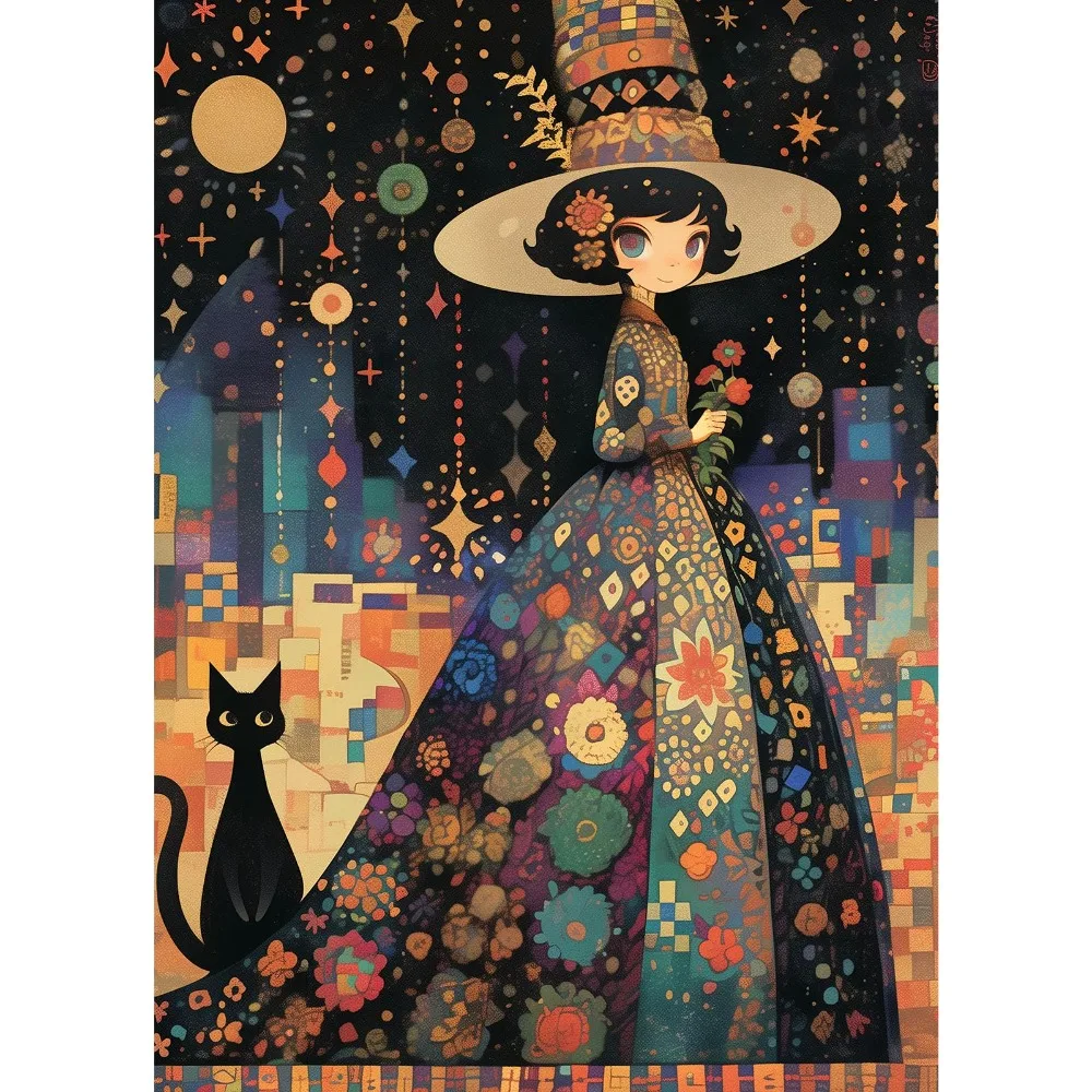 Diamond Painting Starry Night Floral Dress And Black Cat Diamonds Mosaic Handmade Art Exquisite Creative Gift Home Decoration