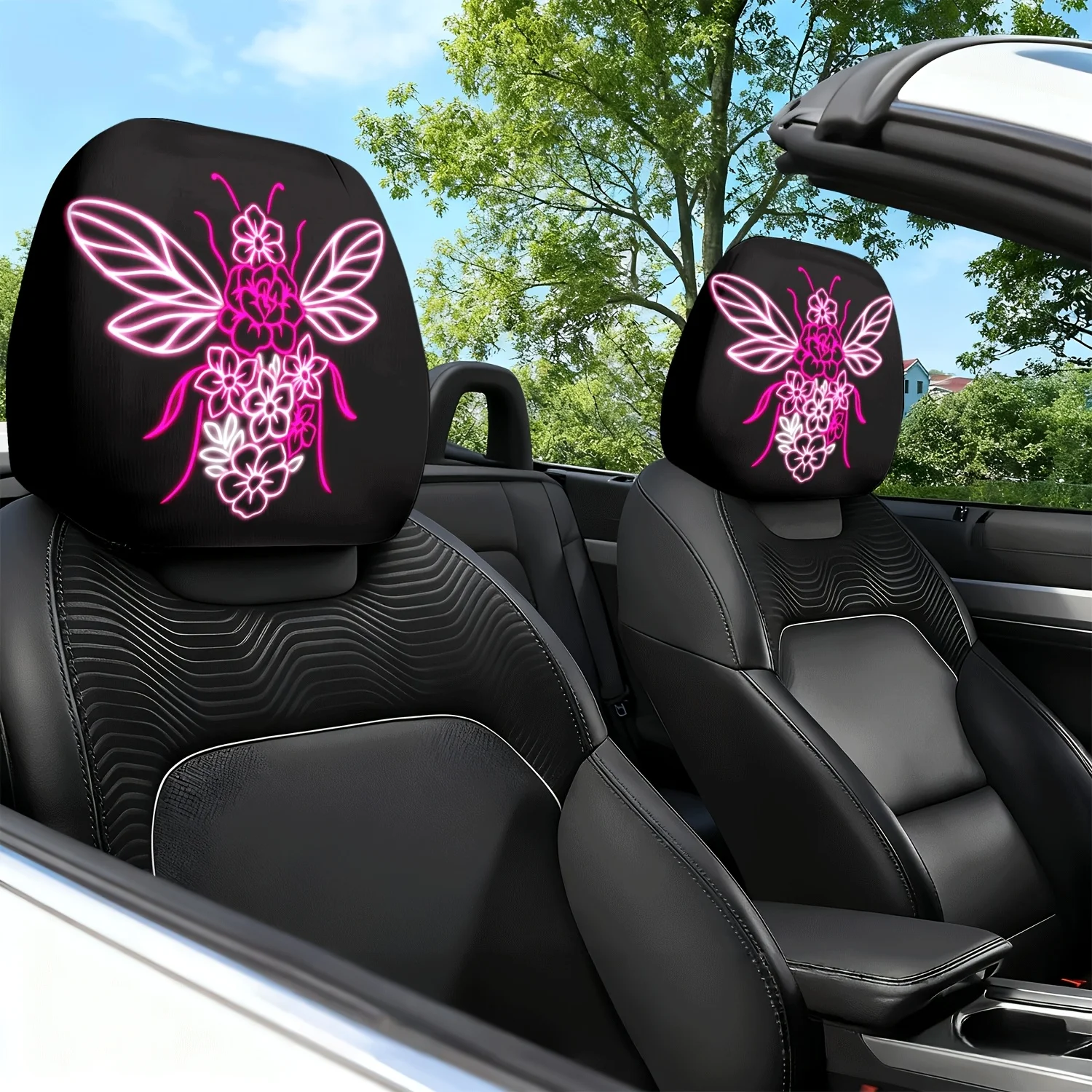 2 Stück Auto-Kopfstützenbezüge, Neon-Blumen-Schmetterlings-Licht- und Schattenkunstmuster, Autositz-Kopfstützen-Kissenbezug, Nackenkissen-Schutz