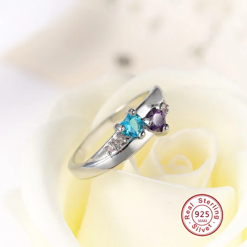 Double Heart New purple blue 100% 925 Silver Ring Love Heart Romantic Sterling Finger Ring for Women Wedding Jewelry