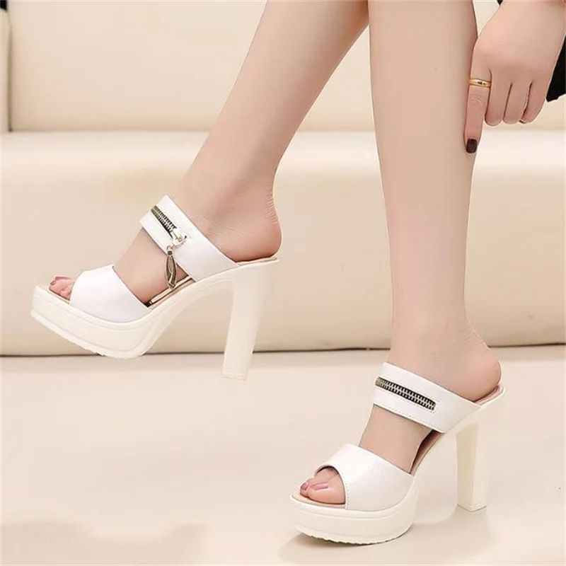 10.5cm good Quality Patent Leather Slippers for Women New High Heels Slides Women Platform Outdoor Office Slides Plus Size 32 43