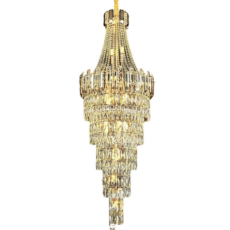 

High-end duplex building light luxury, crystal lamp villa, postmodern spiral staircase long chandelier