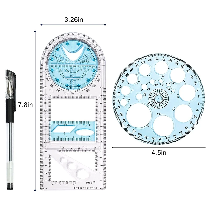 2 ชิ้นมัลติฟังก์ชั่ไม้บรรทัดเรขาคณิตพลาสติกวงกลมเครื่องมือวาดภาพร่างแม่แบบล้างเครื่องมือออกแบบกราฟิก