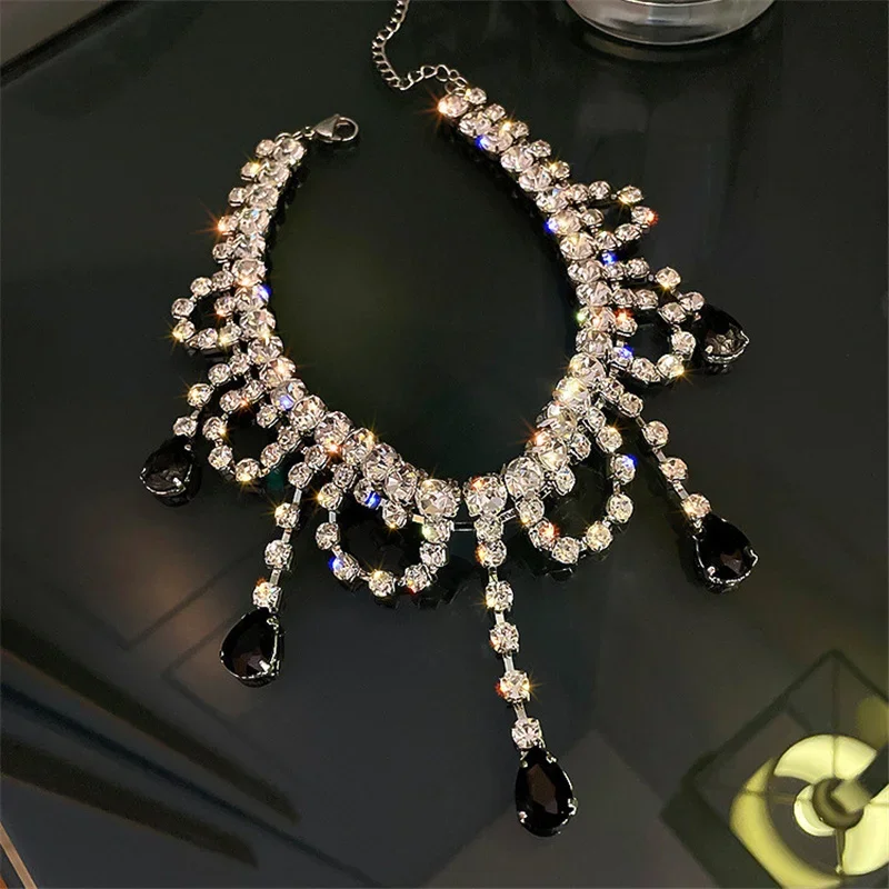 FYUAN Black Water Drop Crystal Choker Necklaces for Women Long Tassel Rhinestones Necklaces Statement Jewelry