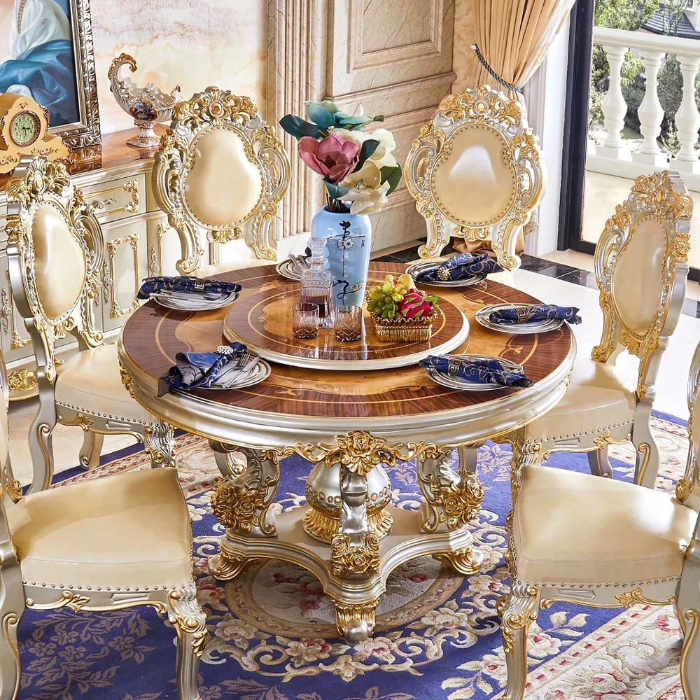 

European style luxury full solid wood round rotary paste gold foil 1.5m dining table and chair combination dining room