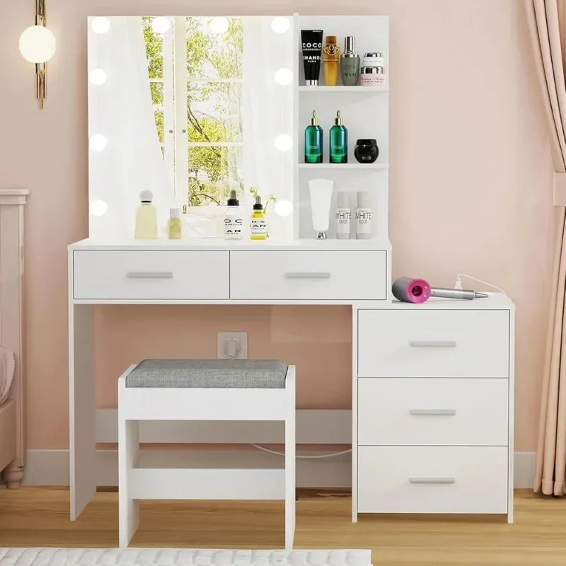 Large Vanity Desk with Mirror & 10 LED Lights, Makeup Vanity Dressing Table with Power Strip, Storage Shelves & 5 Drawers