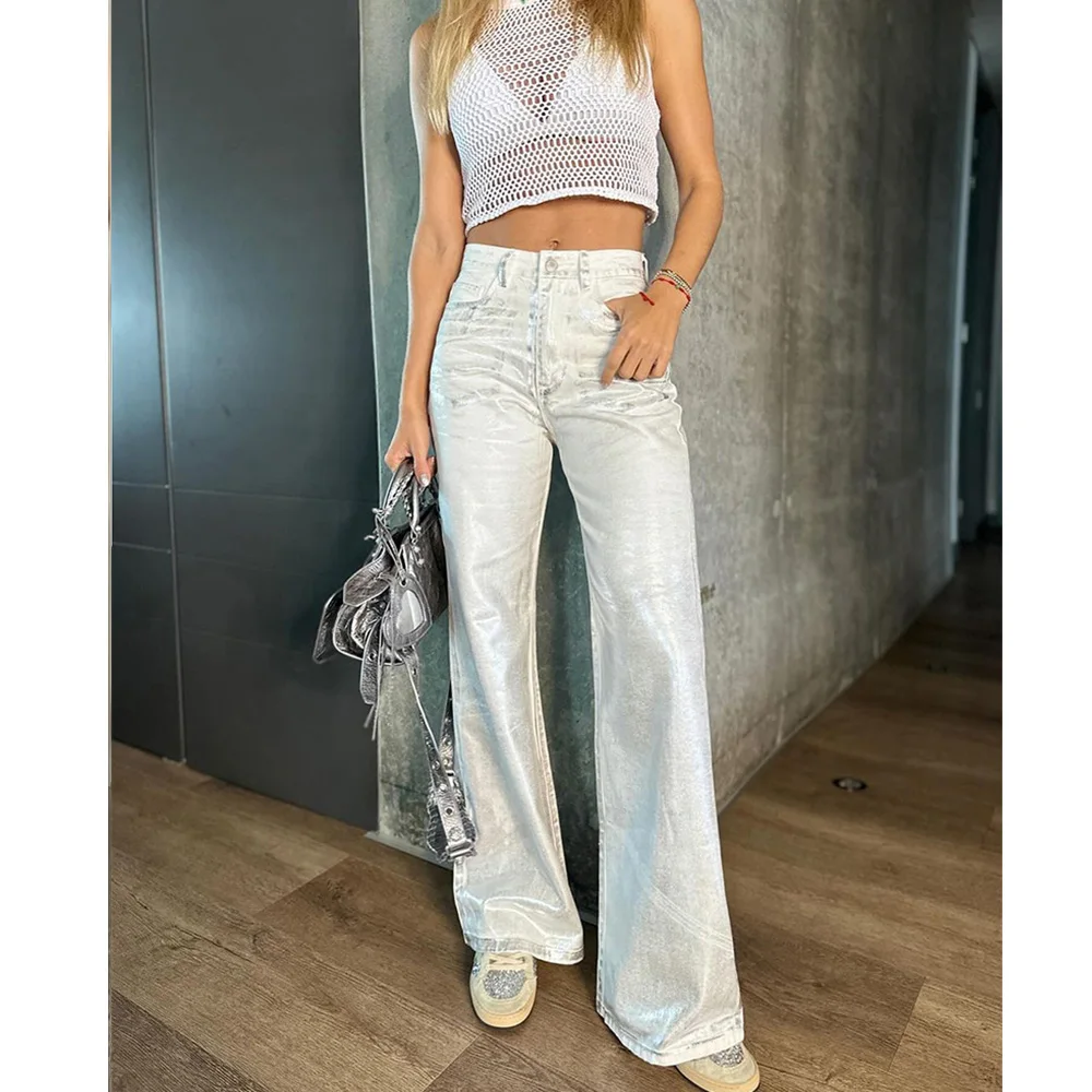 Fashion Metallic Denim Straight Jeans Wide Leg Women High Waist Loose Pants Y2K Oversize Denim Trousers Hip-hop Streetwear