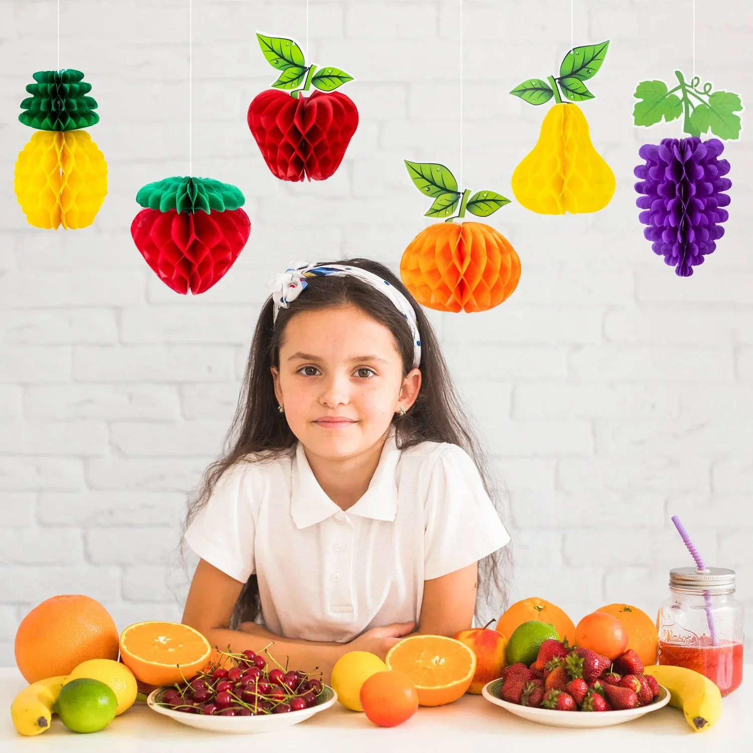 Bola de panal de fruta de verano, fresa, piña, uva, pera, papel naranja, colgadores de panal, decoración de fiesta de cumpleaños de fruta feliz