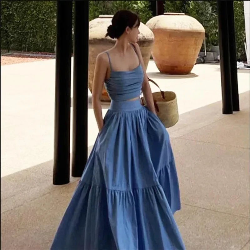 Women Summer Holiday Fashion Sexy 2 Piece Blue Dress Sets Sleeveless Short Camis Crop Top&High Waist Long Skirt Boho 2pc Suits