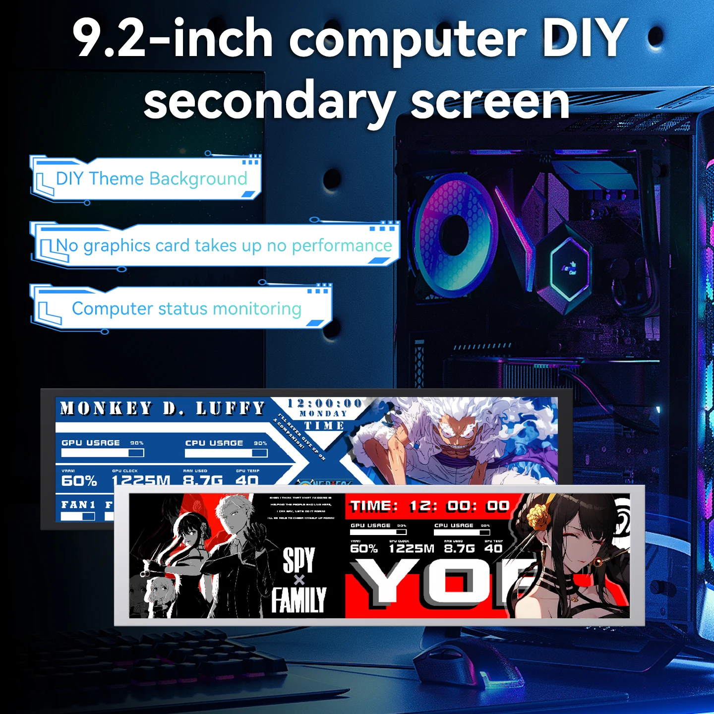

9.2 Inch USB Type-C Secondary Screen IPS LCD Display 1920x462 Computer Case Monitor for CPU GPU RAM HDD FPS Weather No AIDA64