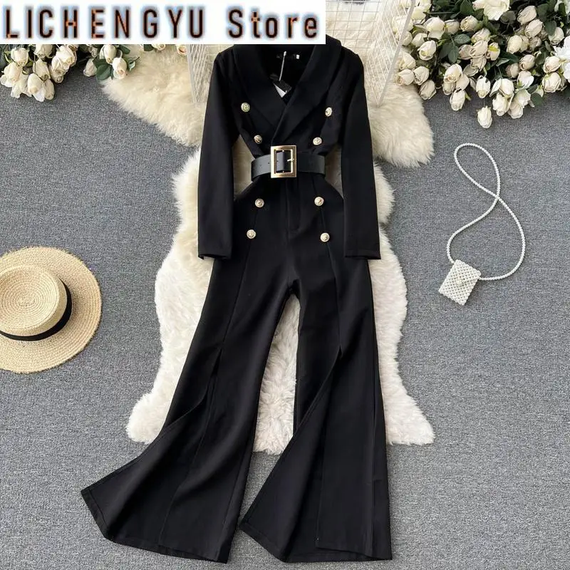 

New Elegant Style Chic Jumpsuit Women Long-sleeve Chiffon Button With Belt Straight Solid Color Jumpsuits Autumn