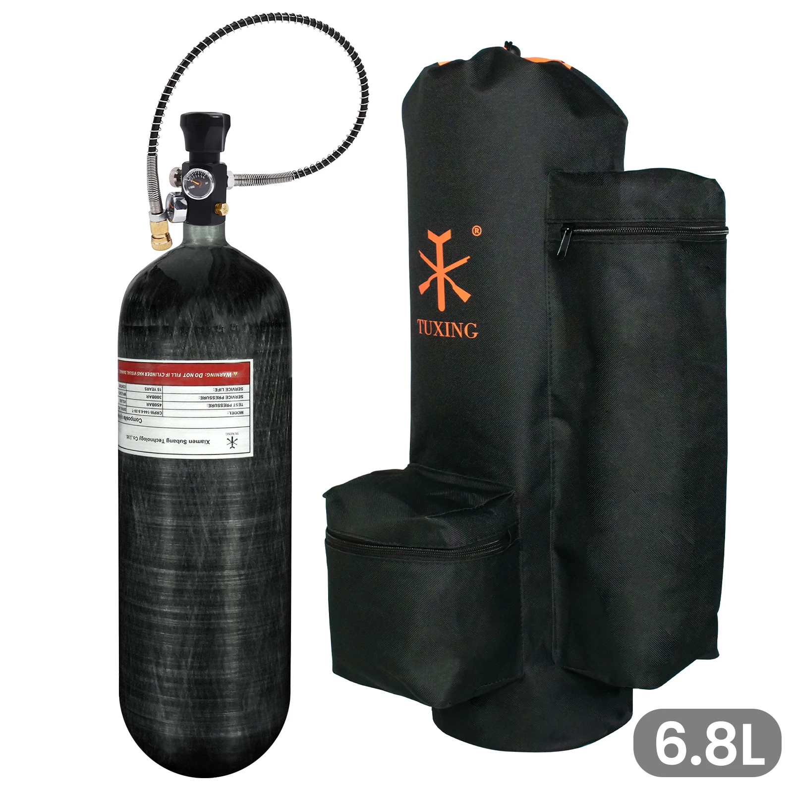 TUXING 4500Psi 300Bar 6.8L Carbon Fiber Cylinder with High Pressure Fill Station Regulating Valve Protective Carrier Bag M18*1.5