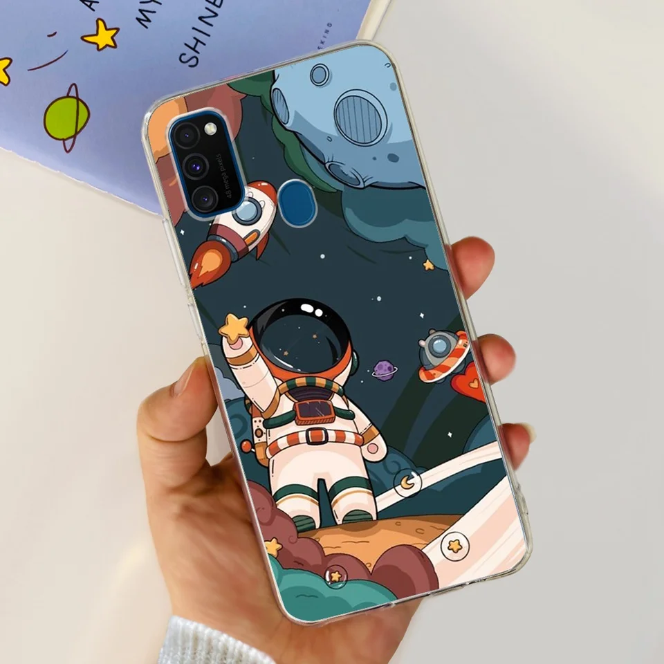 Transparent Phone Case For Samsung Galaxy M21 SM-M215F 2020 Soft Silicone Slim TPU Flower Astronaut Cartoon Cute Painting Back C