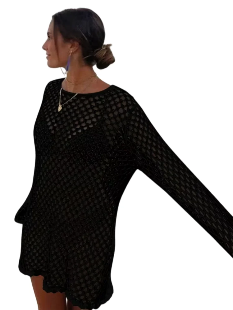 

European and American Plus-Size Women's Clothing, Vacation Style, Sexy Pullover, Round Neck, Hollow-Out Knit Sweater, Cover-Up for Women