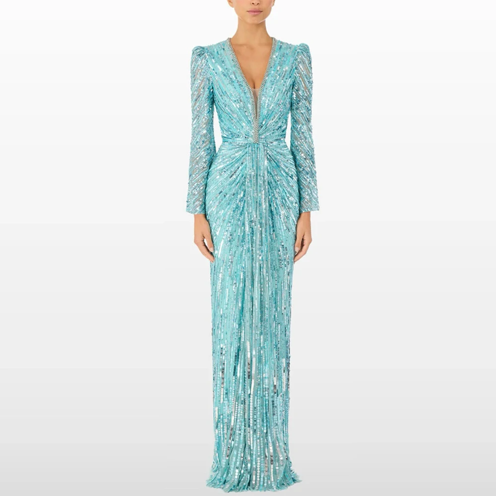 Modisches Tüll-Abendkleid mit V-Ausschnitt, anmutige Meerjungfrau-Abschlussballkleider, luxuriöse, mit Pailletten und Perlen verzierte, maßgeschneiderte Kleider für besondere Anlässe