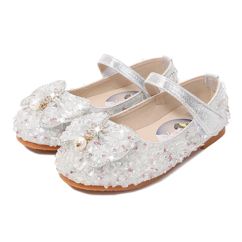 

Girls Crystal Shoes Children Dress Shoes Children Flats Shoes for Wedding Party Rhinestone Fashion Princess with Bow Sparkling