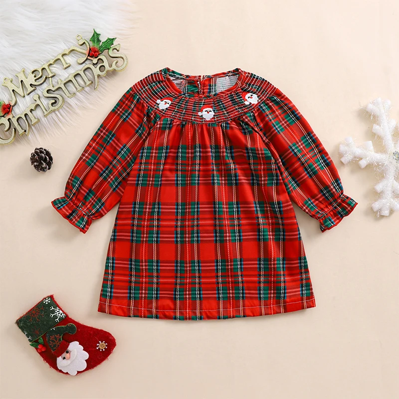 Kids Toddler Baby Girl Christmas Outfits Puff Long Sleeve Smocked Dress Santa Embroidery Plaid Fall X-mas Dress