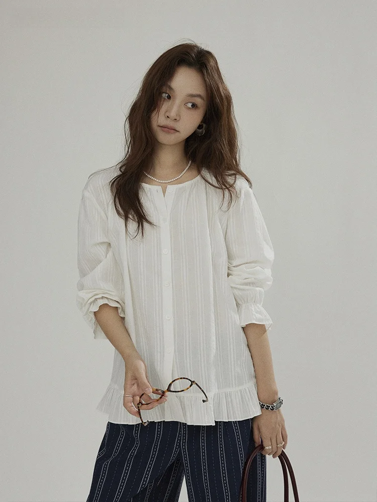 

Joli Choose Women's Casual Loose Long Sleeve Shirt round Neck Pleated Striped Top French Style Breathable Cotton Autumn Fashion