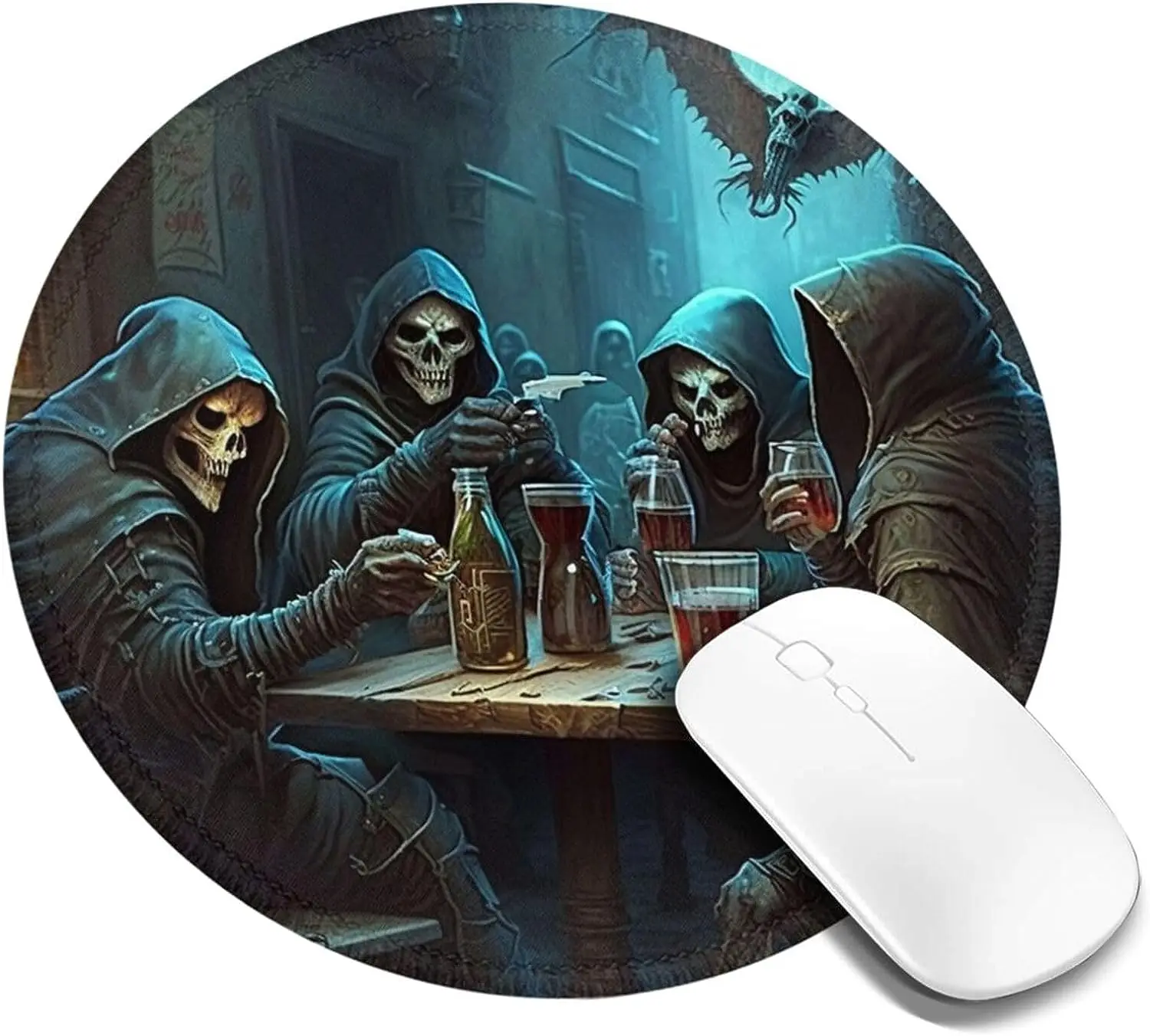 

Skull Round Mouse Pad Non-Slip Rubber Grim Reaper Party Cool Gaming Mousepads with Stitched Edge for Office Work Computer Laptop