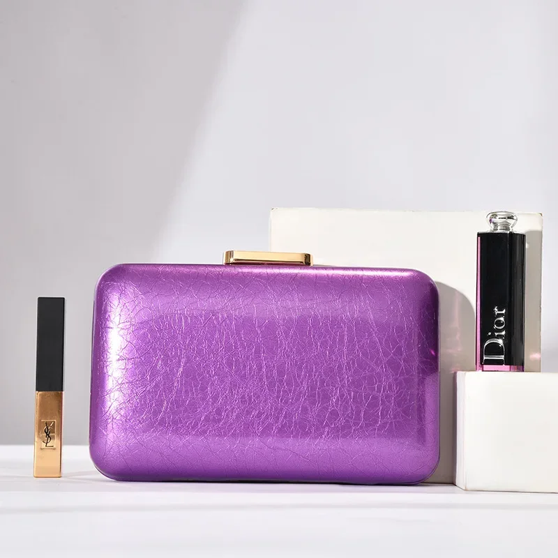 Metallic Purple Solid Evening Clutch Bag Women Luxury Hard Case Glossy Box Purse Wedding Party Cocktail Handbag Pu Pure Color
