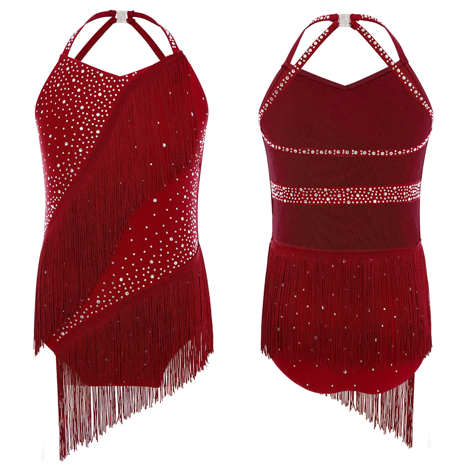 

Kids Girls Latin Dance Costume Sleeveless Halter Backless Tassels Leotard for Latin Figure Skating Performance Competition Wear