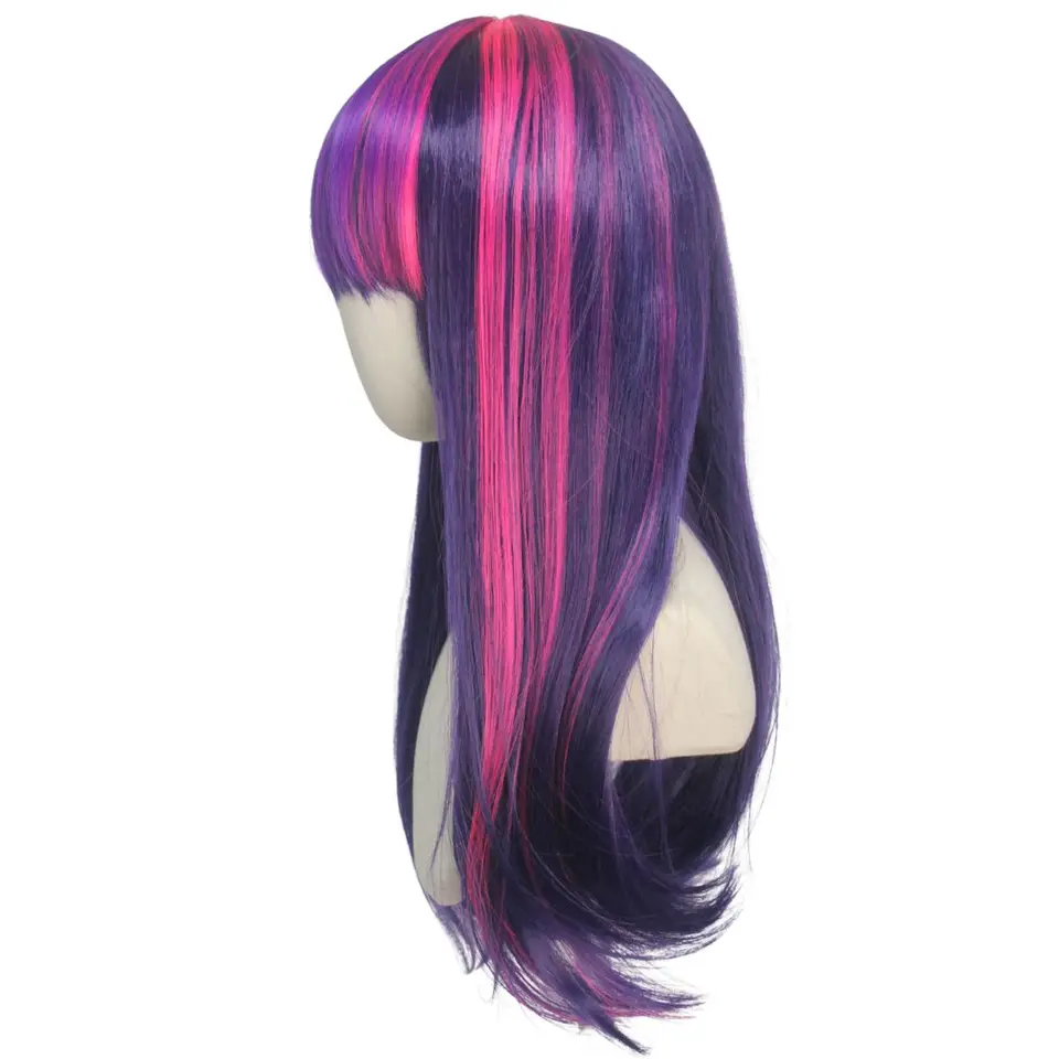 Peluca sintética de cabello lacio largo con flequillo prolijo, rosa y púrpura, fibra química, Twilight Sparkle, juego de roles, figura de pony animada 5