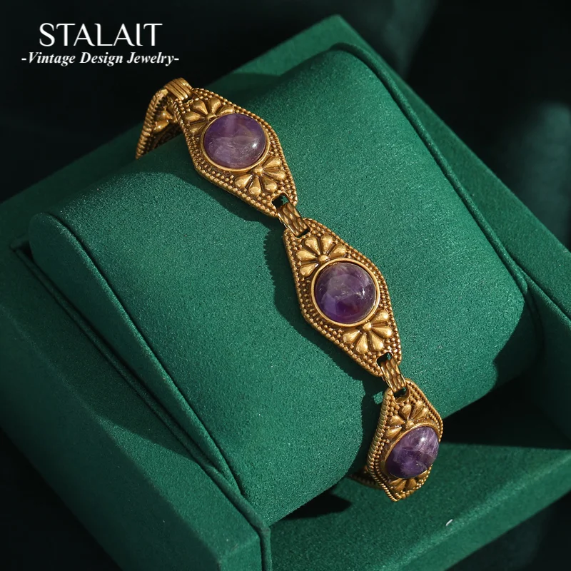 

Vintage Antique Bracelet Purple Original Stone Bangle Copper Gold Color Round Evil Eye No Fade Jewelry 2024