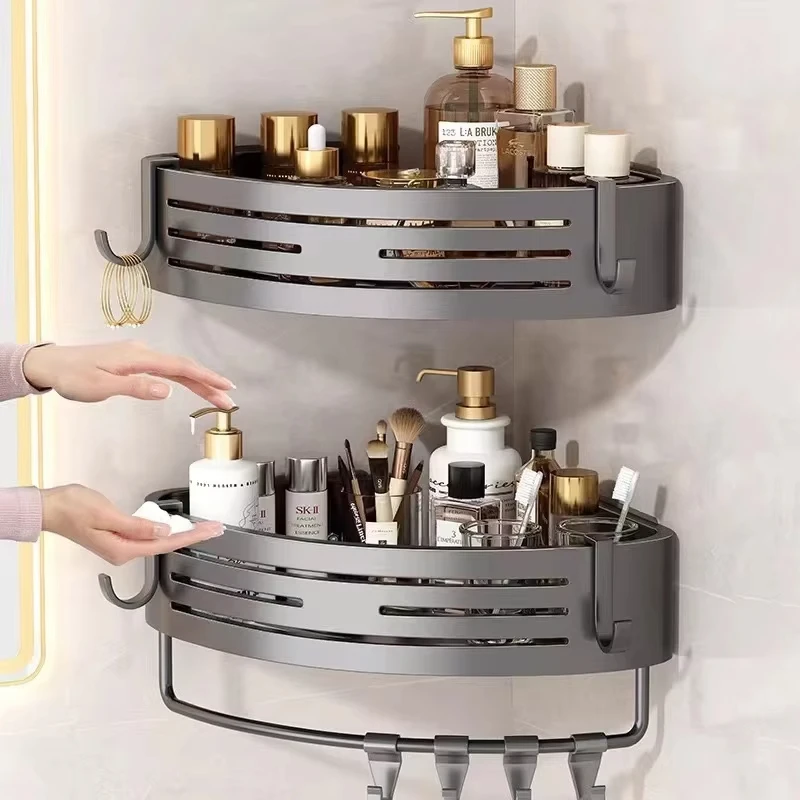 1-2PCS Badezimmer Eckregal mit Kunststoff Haken Handtuchhalter Kein Bohrenraum Aluminium Dusche Lagerregal Badezimmer Organizer
