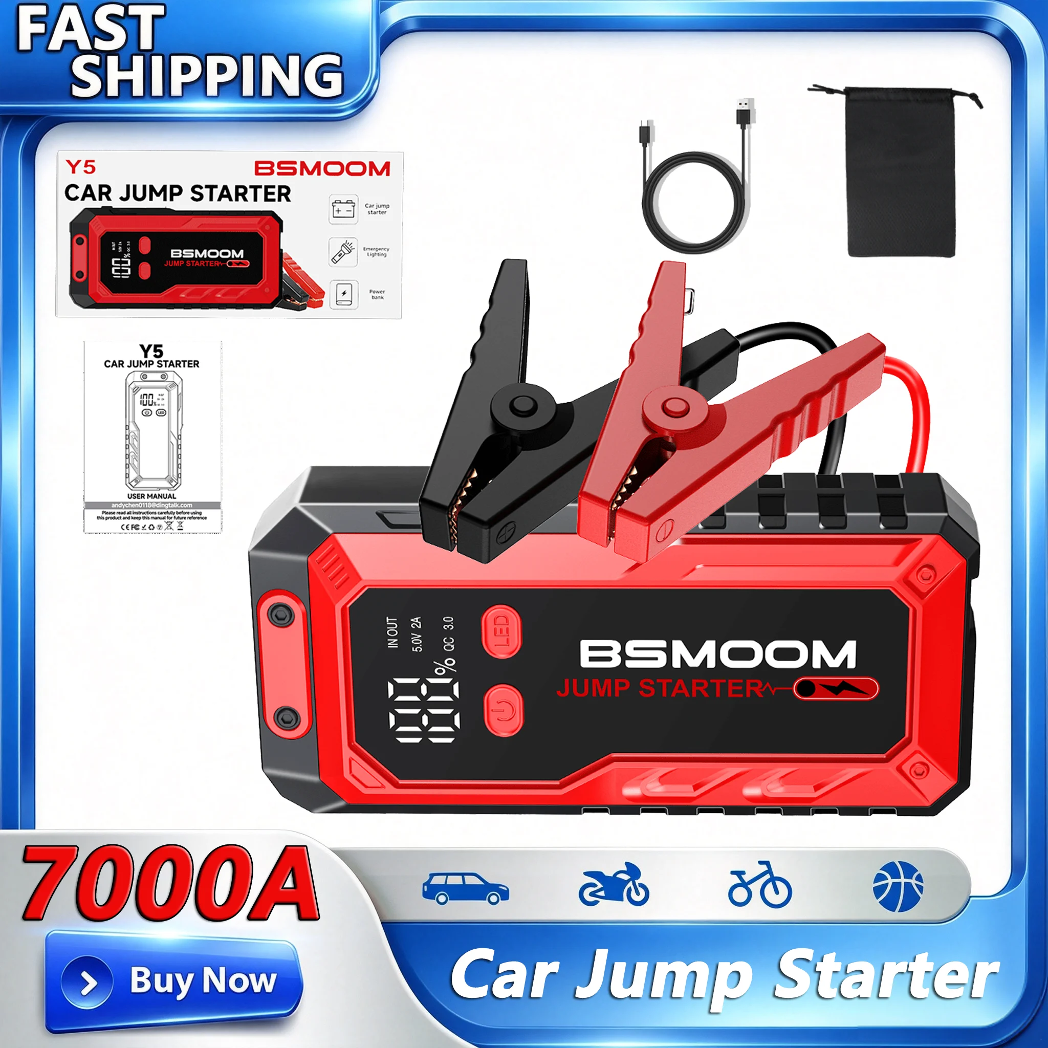 Avviatore portatile 7000A PEAK, power bank e batteria per auto a benzina 9.0L e diesel 12V, dispositivo di avviamento di emergenza