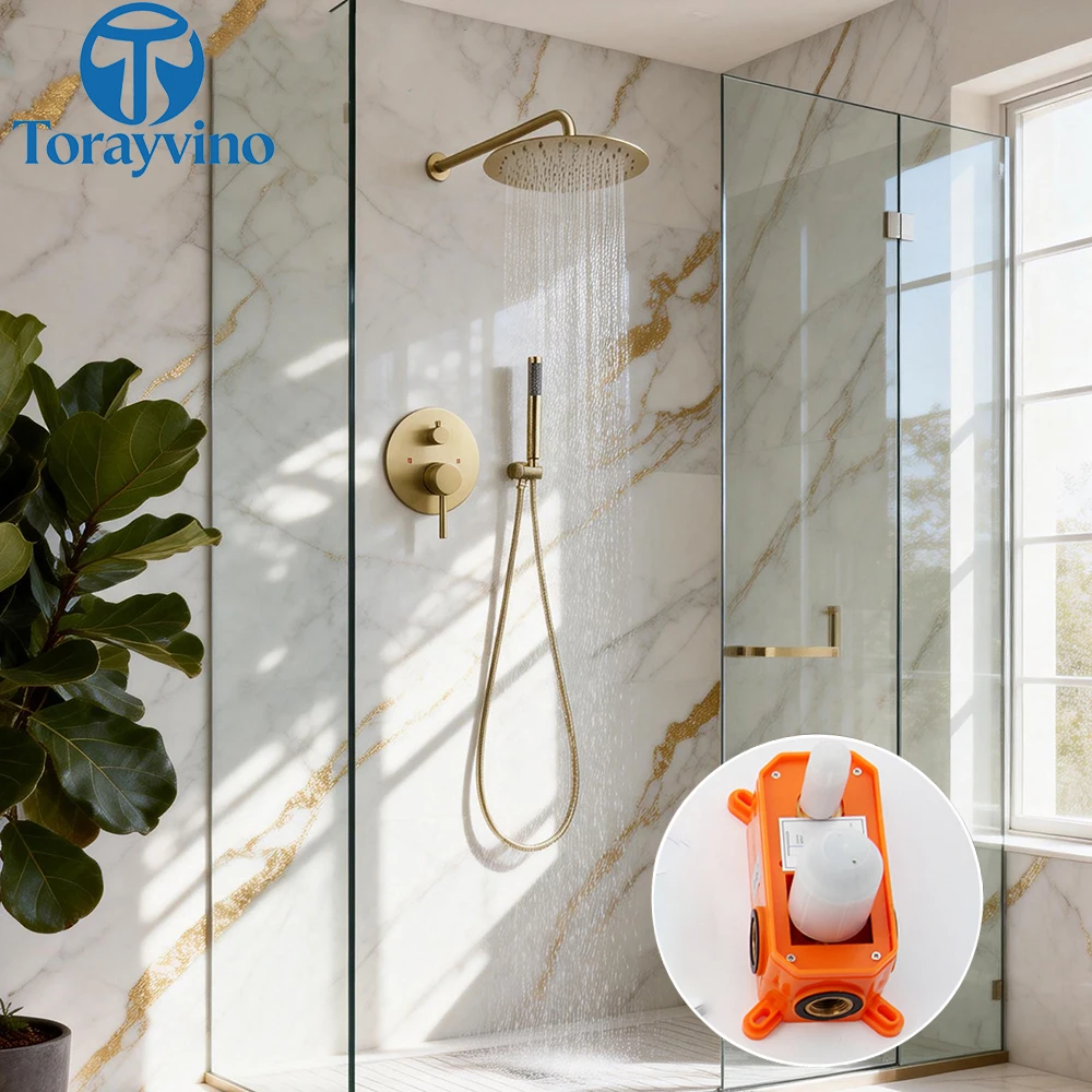 Torayvino Bathroom Brushed Gold Shower Faucet Set With Rain Shower Head Outdoor Shower System Set Complete Bathtub Kit Mixer Tap