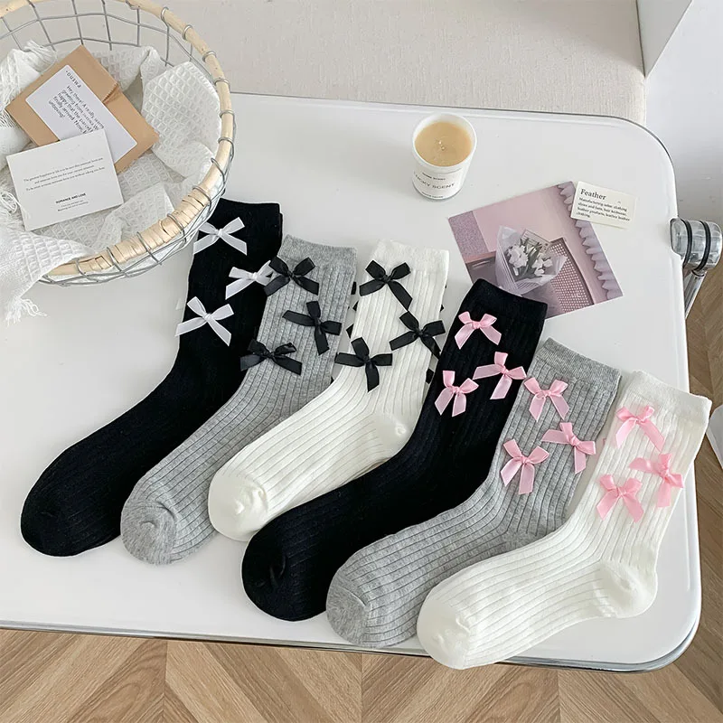 

JK INS Style Women Bowknot Mid Tube Socks Japanese Solid Color Striped Crew Socks Causal Sports Ballet Style Girls Pile Up Socks