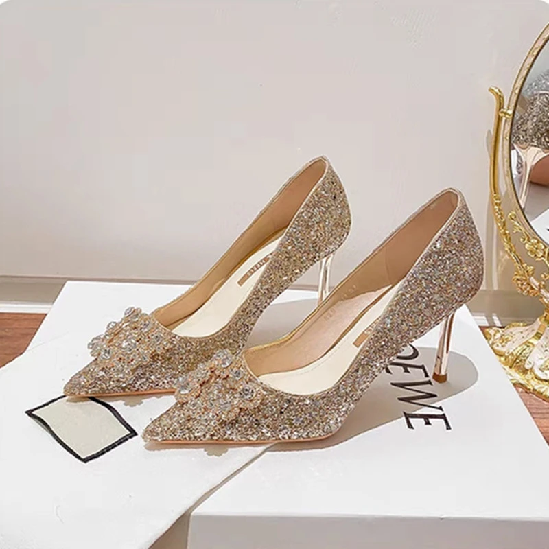 

Удобная женская обувь на массивном каблуке 2025 г., не утопляющие хрустальные тапочки, двусторонняя износостойкая обувь на высоком каблуке Женская Обувь