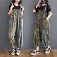 Casual Oversized Print Floral Denim Overalls For Women Loose Wide Leg Mom Jeans Rompers And Jumpsuit Cargo Straps Baggy Pants - Image 4